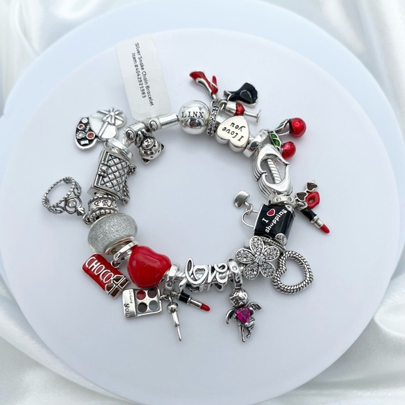 Linx Bracelet with Red Love Valentines and Heart Themed Charms